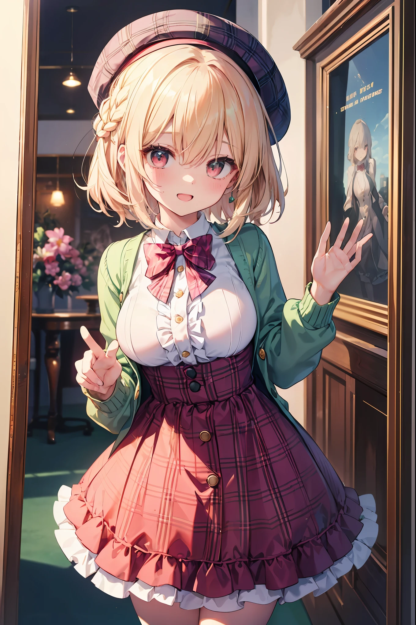 super insane detail、disorganized、ultra high resolution、super detail、highest quality、 1 girl、solo、nice hands、perfect hand-made (Vintage style beret with flower pin:1.3)、(pink&dark green plaid dress:1.5)、(Gold buttons on the front:1.2)、(frills、red bow tie、white blouse:1.4)、(peach cardigan、cable knit patterns:1.3)、(pinkタイツデニール２０:1.1)、(mint green mary jane shoes:1.2) best smile、open your mouth、wave your mouth、 あざといcuteポーズ、cowboy shot、slender、Look straight ahead with shining eyes、cute、symmetrical face、超cute女の子、超cute顔、Ultra-fine eyes、super cute hair、超cute、Super beautiful、 stylish clothing design、Super famous world heritage museum、exhibition hall、Historic ancient museum、 big breasts、Soft and jiggling breasts、ＢＲＥＡＫ　(medium hair、braid blonde、silky smooth hair、deep red eyes)、hair between eyes、Nape of neck