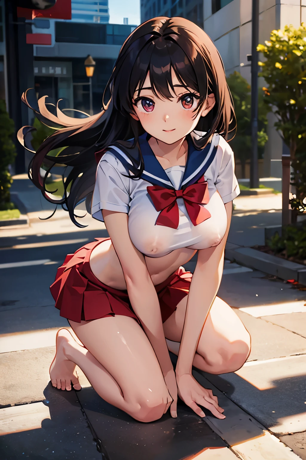 Highest image quality、Sailor Mars、beautiful feet、whole body、slender、miniskirt、walk around town、((big breasts))、((The nipple protrusions push up the uniform))、barefoot、((Wearing mules))