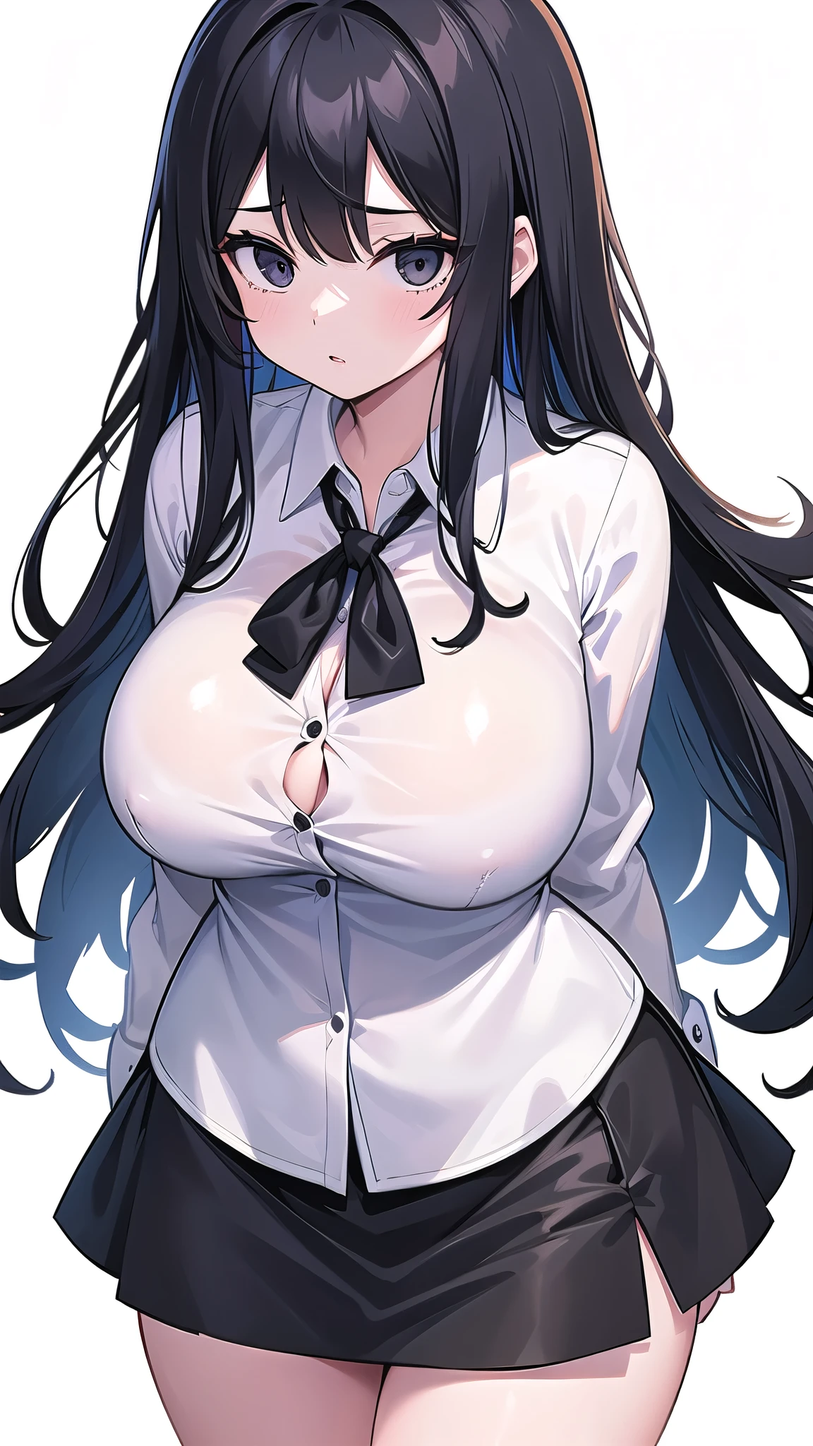 1 girl,CG,Completely naked,huge breasts, black hair, long hair, straight hair, black eyes,((white dress shirt、black tight skirt、Office Lady)),((Pause)),((white background))