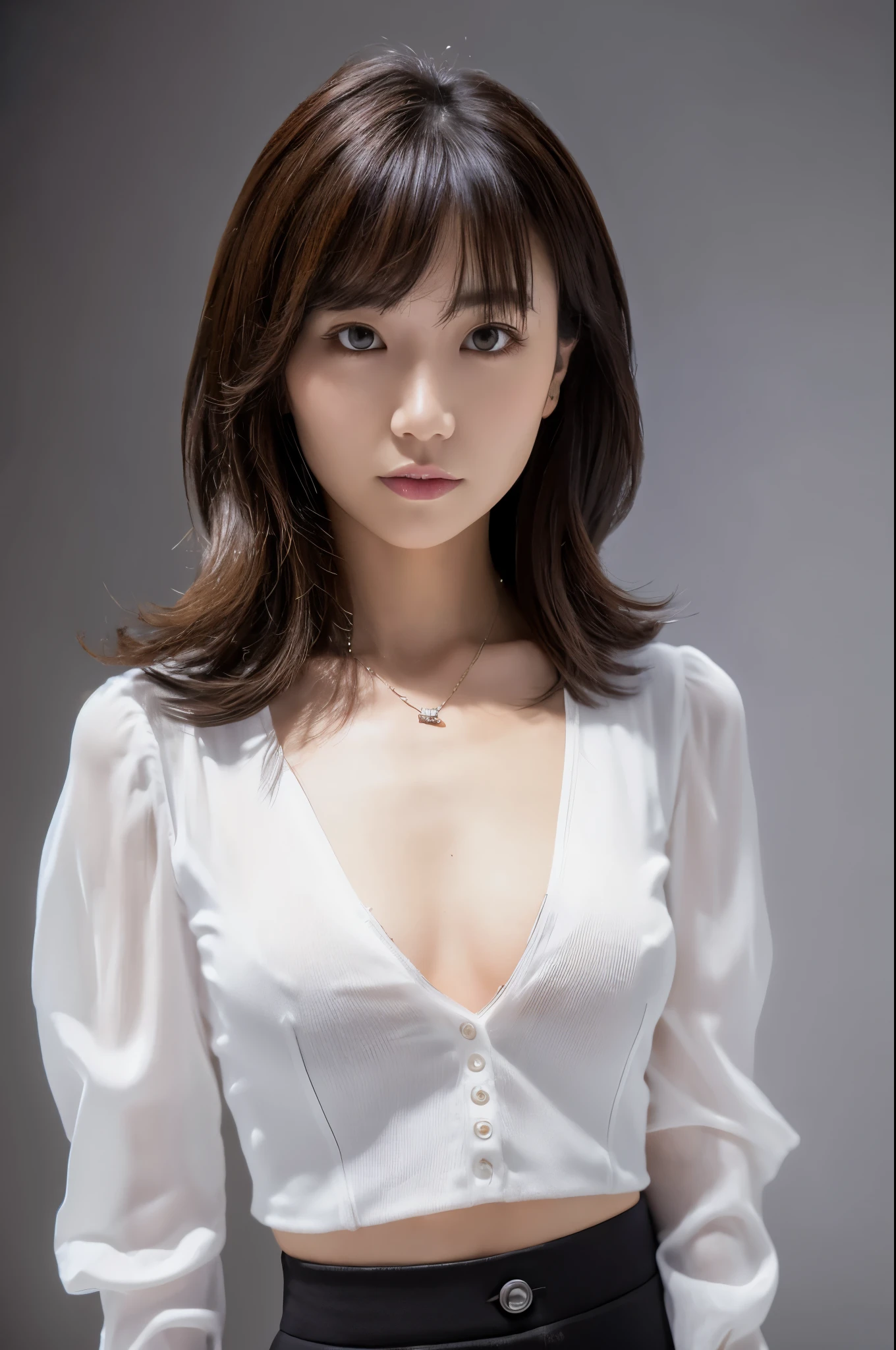 A futuristic portrait of existence, Capture creatures using high-speed camera technology, Emphasize its smooth form, And create the perfect blend of simple compositions against a clean background. High-end designs are implemented in Unreal Engine, (best qualtiy, A high resolution, tmasterpiece:1.3), A skinny and beautiful Japanese woman, Slender abs, Dark brown hair in loose wavy styling, medium breasts, very thin waist, Wear a pendant, white button-down blouse without bra, a black skirt, Beautifully rendered details in face and skin textures, Detailed eyes, alone in a photo