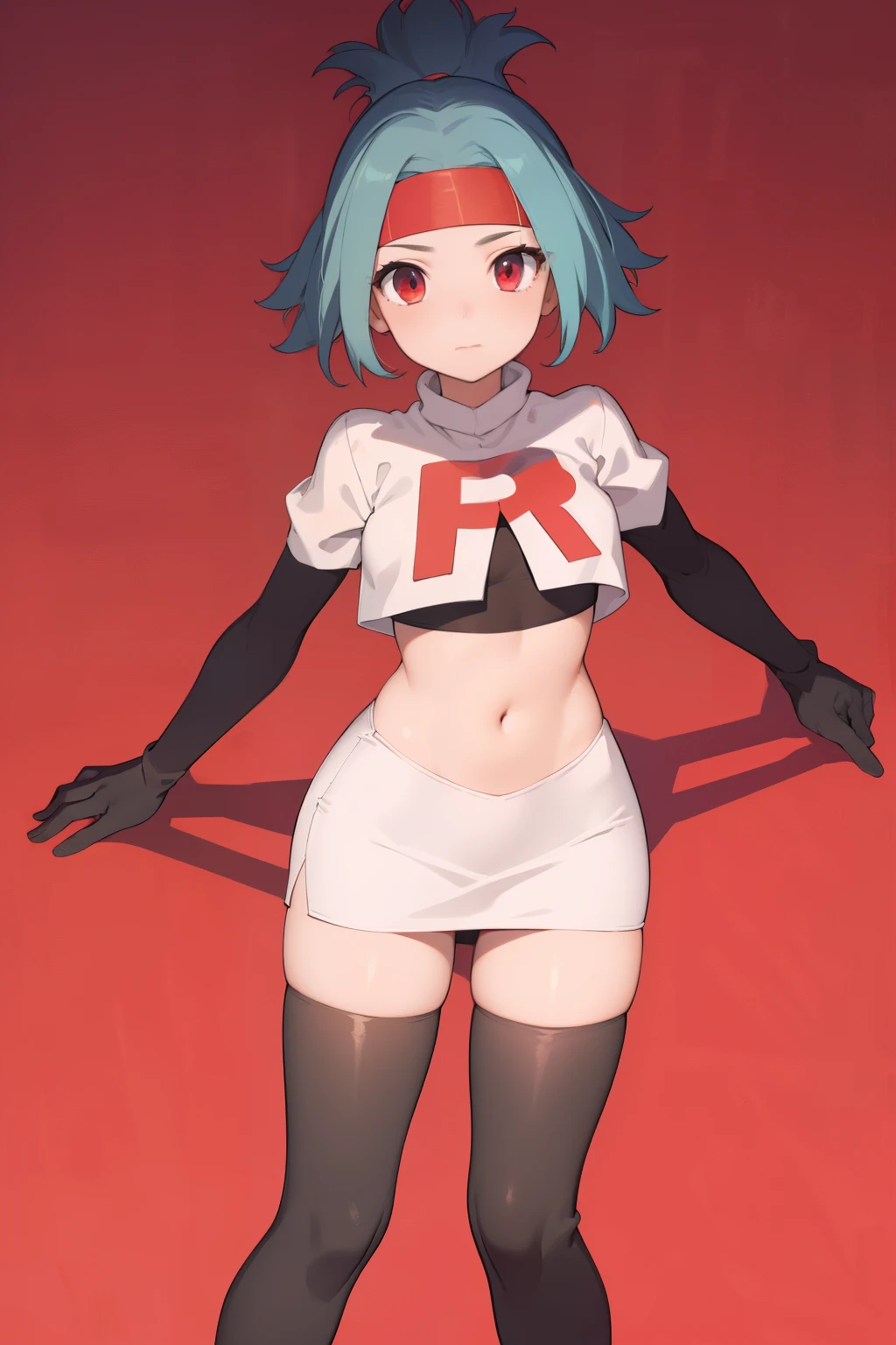 (masterpiece, best quality:1.2), solo, 1girl, solana, looking at viewer, headband, team rocket,team rocket uniform,white skirt,red letter R,crop top,black thigh-highs,black elbow gloves