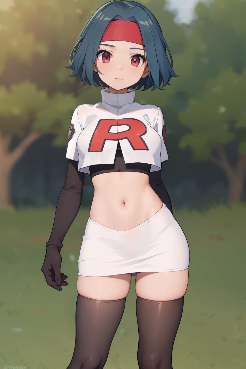 (masterpiece, best quality:1.2), solo, 1girl, solana, looking at viewer, headband, team rocket,team rocket uniform,white skirt,red letter R,crop top,black thigh-highs,black elbow gloves