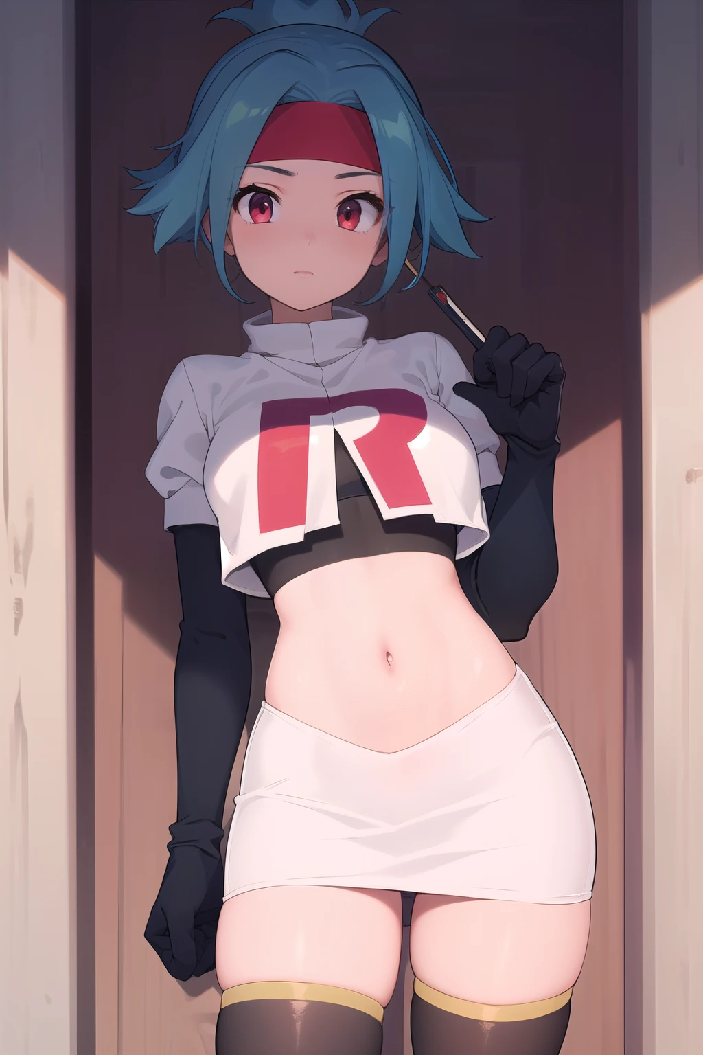 (masterpiece, best quality:1.2), solo, 1girl, solana, looking at viewer, headband, team rocket,team rocket uniform,white skirt,red letter R,crop top,black thigh-highs,black elbow gloves