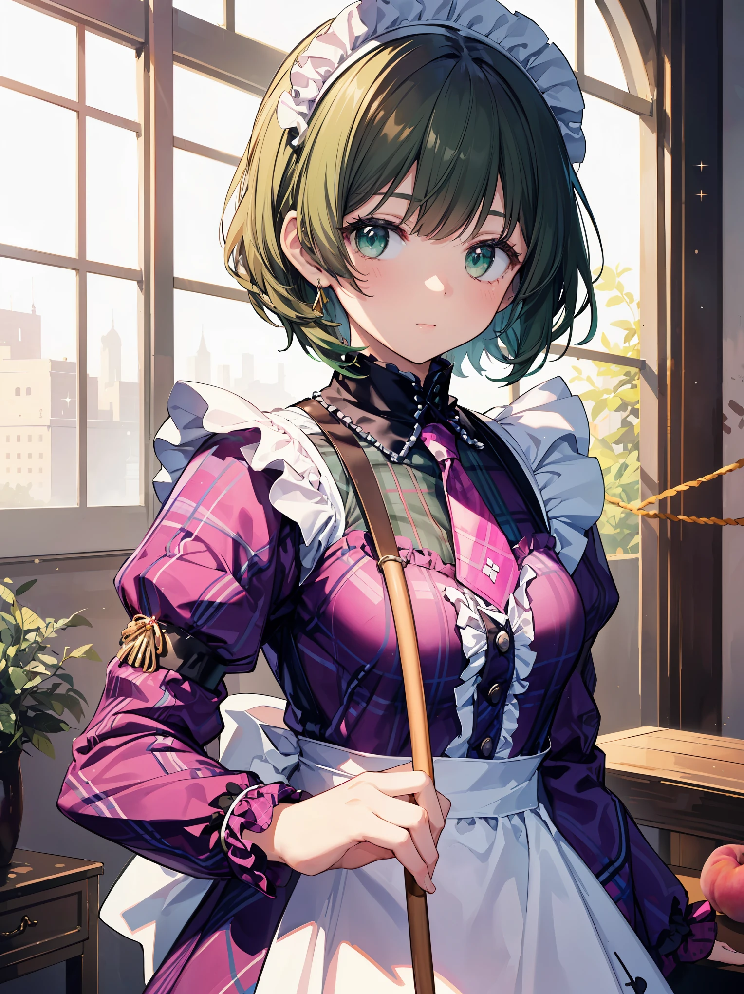 Legendary masterpieces、absolute resolution、Super detailed and realistic stick、one girl、cute girl、white brim、可愛いpink色の大きなリボン、(pink&Dark green plaid Victorian maid dress made of taffeta fabric, mainly shantung fabric and organdy fabric with beading processing.、:1.5)、With raschel stretch lace or tulle at the hem of the dress、(Gold buttons on the front:1.2)、(frills、red tie、White jacquard blouse:1.4)、(Peach cardigan with loop yarn and glitter、cable knit patterns:1.3)、(Shiny black tights denier２０:1.1)、One length bob cut braid black hair、Fine silky smooth hair、super detailed soft costume，