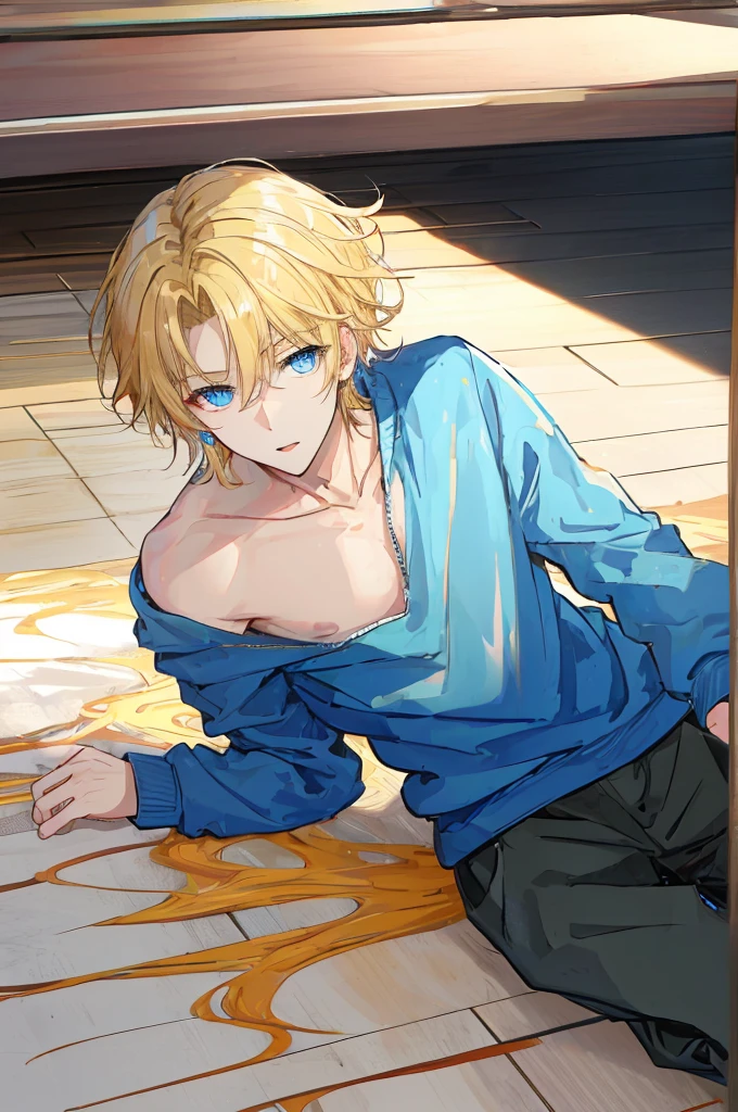 a handsome man，adult，blond，blue eyes，clavicle，Sweatshirt，long trousers，Lazy，(Very detailed background，floor)，躺在floor上，靠着floor头，