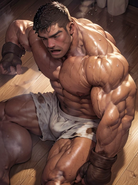 (extremely detailed and realistic masterpiece of an) ((muscular male boxer 45 years old)) with (best muscles physic) and (athletic build), featuring (correct muscle anatomy:1.8) and (detailed sweat droplets:1.7) glistening (sweat:1.6) and emphasized, (lying down on the floor) with an (exhausted and panting steamy breath:1.6). (Sweat dripping:1.7) from his muzzle. He's wearing (boxing gloves) and (shorts), background the boxing championship fight atmosphere, showcasing his opponent's hard work of destroying him. Bare feet, intrinsic details, masterpiece, highlight lighting, view from above, look elsewhere, mouth open (1.1), bruised body (bruised body:1.7), hot beard, destroyed inner organ, destroyed outer muscle, destroyed liver, destroyed abs, destroyed stomach, destroyed ribs, last breathe, (destroyed:1.6), useless, powerless, he's in the coma state.
