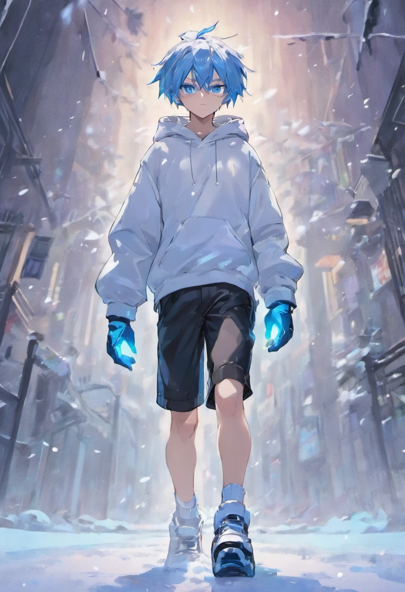 Wallpaper phone，anime characters，Two-dimensional image，Japanese comic style，8k，The best picture quality，Delicate facial features，full body portrait，panoramic，telephoto lens, white messy hair, One eye is covered by hair，You can&#39;t see his right eye , Wear fleece ,((Wear white gloves)), blue eyes, 20 years old, 1 boy, fighting stance，Wearing a white hooded sweatshirt，black shorts，white combat boots，goggles，in the snow