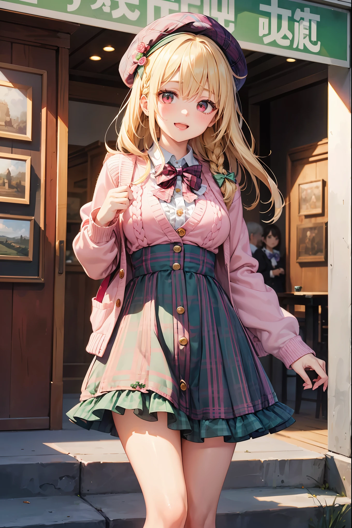 super insane detail、disorganized、ultra high resolution、super detail、highest quality、 1 girl、solo、nice hands、perfect hand-made (Vintage style beret with flower pin:1.3)、(pink&dark green plaid dress:1.5)、(Gold buttons on the front:1.2)、(frills、red bow tie、white blouse:1.4)、(peach cardigan、cable knit patterns:1.3)、(pinkタイツデニール20:1.1)、(mint green mary jane shoes:1.2) best smile、open your mouth、wave your mouth、 あざといcuteポーズ、cowboy shot、slender、Look straight ahead with shining eyes、cute、symmetrical face、超cute女の子、超cute顔、Ultra-fine eyes、super cute hair、超cute、Super beautiful、 stylish clothing design、Super famous world heritage museum、exhibition hall、Historic ancient museum、 big breasts、Soft and jiggling breasts、BREAK (medium hair、braid blonde、silky smooth hair、deep red eyes)、hair between eyes、Nape of neck