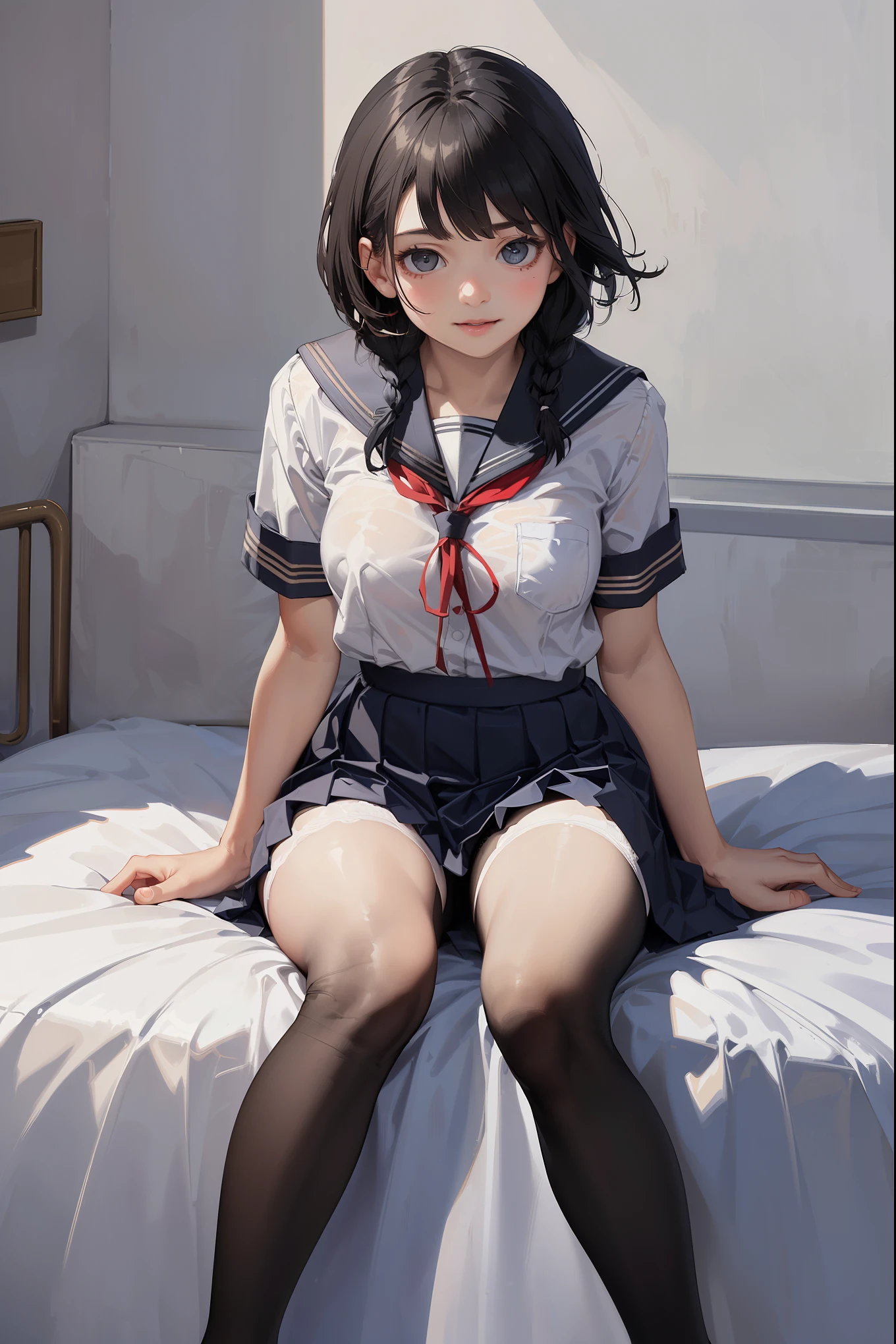 ((Masterpiece: 1.3)), ((Absolute Resolution: 1.2)), ((Highest Quality: 1.4))), ultra-detailed, super-detailed face, complex and detailed eyes, one girl, slick nasal bridge, detailed mouth, meticulous and cute smiling expression, realistic bumps on human body, silky smooth hair texture, (excited face and humiliated, (( realistic skin)), ((stylish and cute designed school uniform: 1.6, black stockings:1.4)), ribbons, hat, ruffles, lace, girl with one-length bob-cut braids, adornments of cute design appropriate for her age, (sitting pose with legs spread left and right and hips floating: 1.3), Innocent hand motions, (white skin:1.3), softly swaying breasts filled with large amounts of fat, cinematic lighting, perfect shading, (((cute nursery))), shaded realistic lighting, Reflecting the whole body