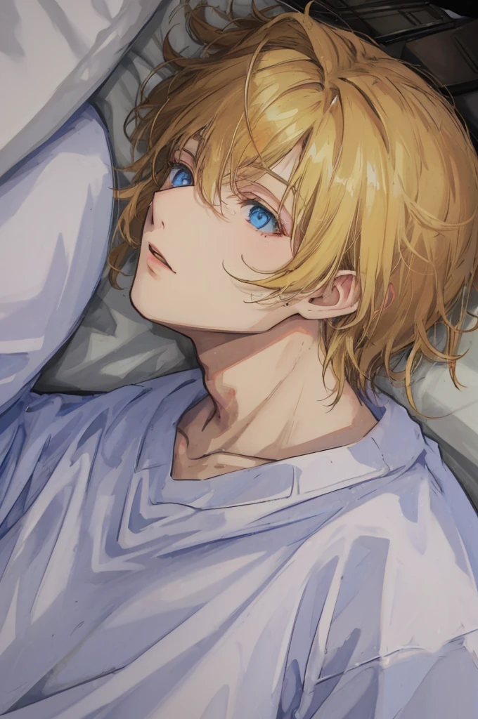 a handsome man,adult,blond,blue eyes,clavicle,Sweatshirt,long trousers,Lazy,(Very detailed background,bedroom),Lying in bed,