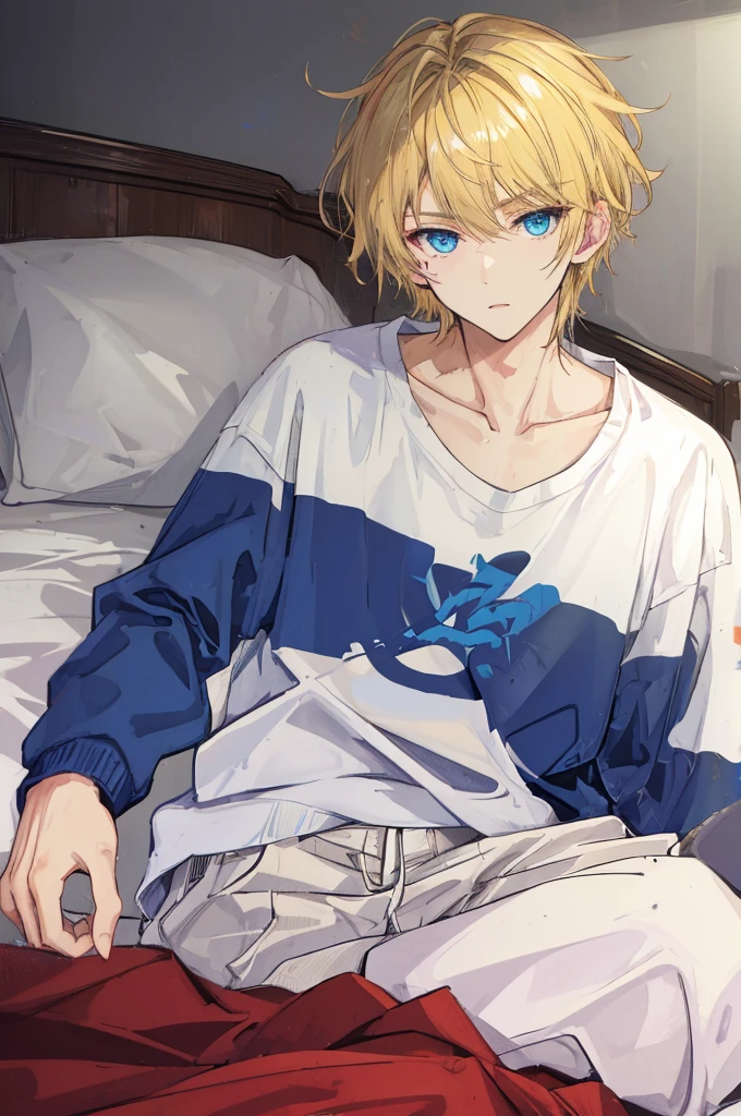 a handsome man,adult,blond,blue eyes,clavicle,Sweatshirt,long trousers,Lazy,(Very detailed background,bedroom),Lying in bed,