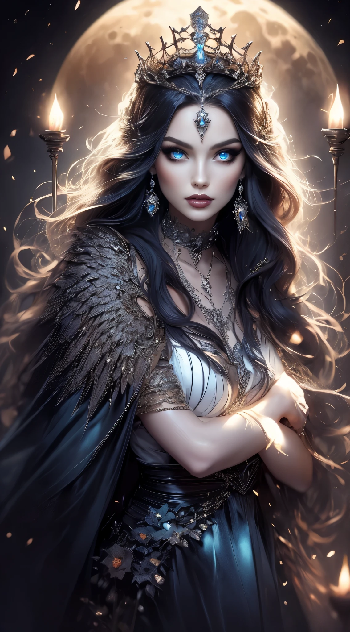 a close up of a woman with long hair and a crown on her head, moon goddess, lunar goddess, goddess of the moon, dark goth queen with blue eyes, fantasy dark art, gothic fantasy art, beautiful elegant demon queen, ((a beautiful fantasy empress)), hecate goddess, goddess of the underworld, hecate, queen of the underworld, queen of darkness