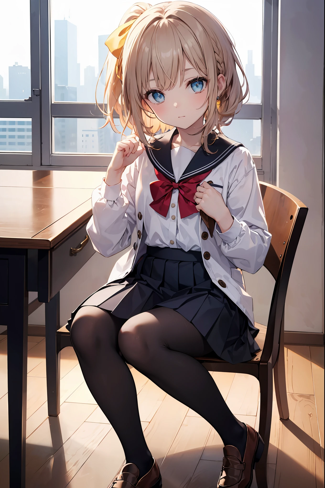 (masutepiece, Best Quality, hight resolution, ultra-detailliert, Detailed background:1.2), (Beautiful fece, Detailed face, Detailed eyes), igirl, Solo, School uniform, blue serafuk, White cardigan, Long hair, light brown hair, low twintails, Yellow eyes, Black pantyhose, yellow bowtie, Bag, Halo, crass room, Sitting, on desk, embarrassed, Parted lips, Smile, full-face blush, Head tilt, hand between legs,