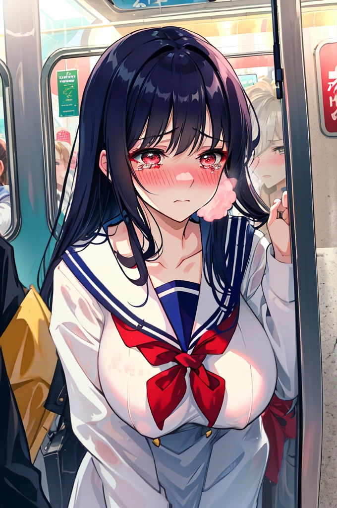 A woman with big ,Gorgeous MILF,clavicle,Sailor suit,translucent,exquisite,Intricate details,(blush:1.2),shed tears,Fear,A subway with lots of people coming and going,