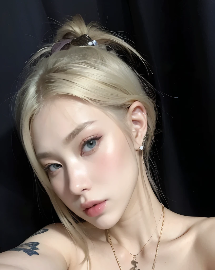 a CLose up of a woman with a tattoo on her arm, Pale fur, pale porcelain white skin, extremely pale blonde hair, pale round face, pale, shiny skin, very very pale blonde hair, heonhwa choe, pale ivory skin, parque roseanne de blackpink, pale woman, pale and light skin!!, shikami, Cabello beige, CL