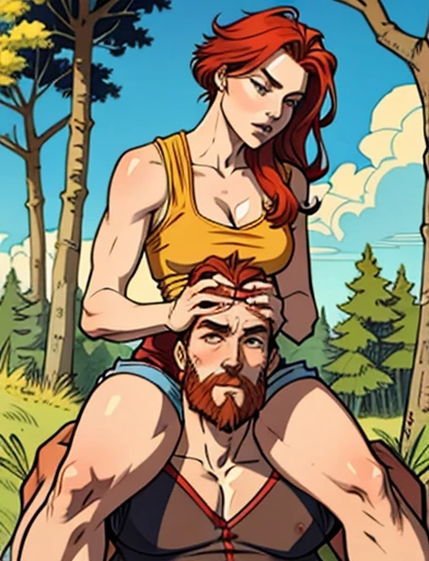 ""leggy redhaired woman in short shorts" sitting onto dead guy's neck, holding his head between her hands. "woman on top of man" woman on man shoulders" "sitting on his shoulders" "woman is holding deadman's head" "sitting onto shoulders". woman sitting man shoulders, the man's back is against a tree.