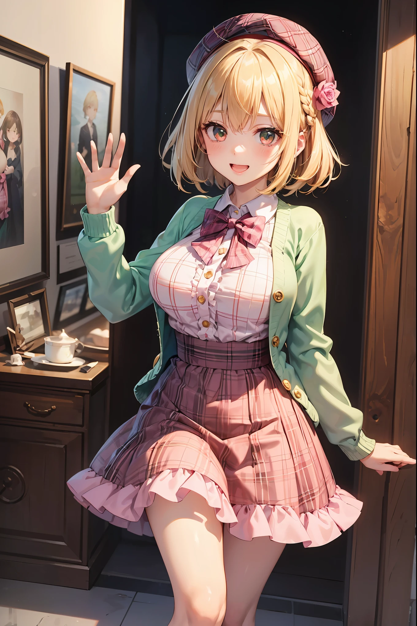 (masterpiece, best quality:1.2), <lora:granblue_djeeta-10:1>, cowboy shot, solo, 1girl, djeeta \(granblue fantasy\), smile, looking at viewer, arms behind back, pink hairband, dress, thighhighs, collarbone