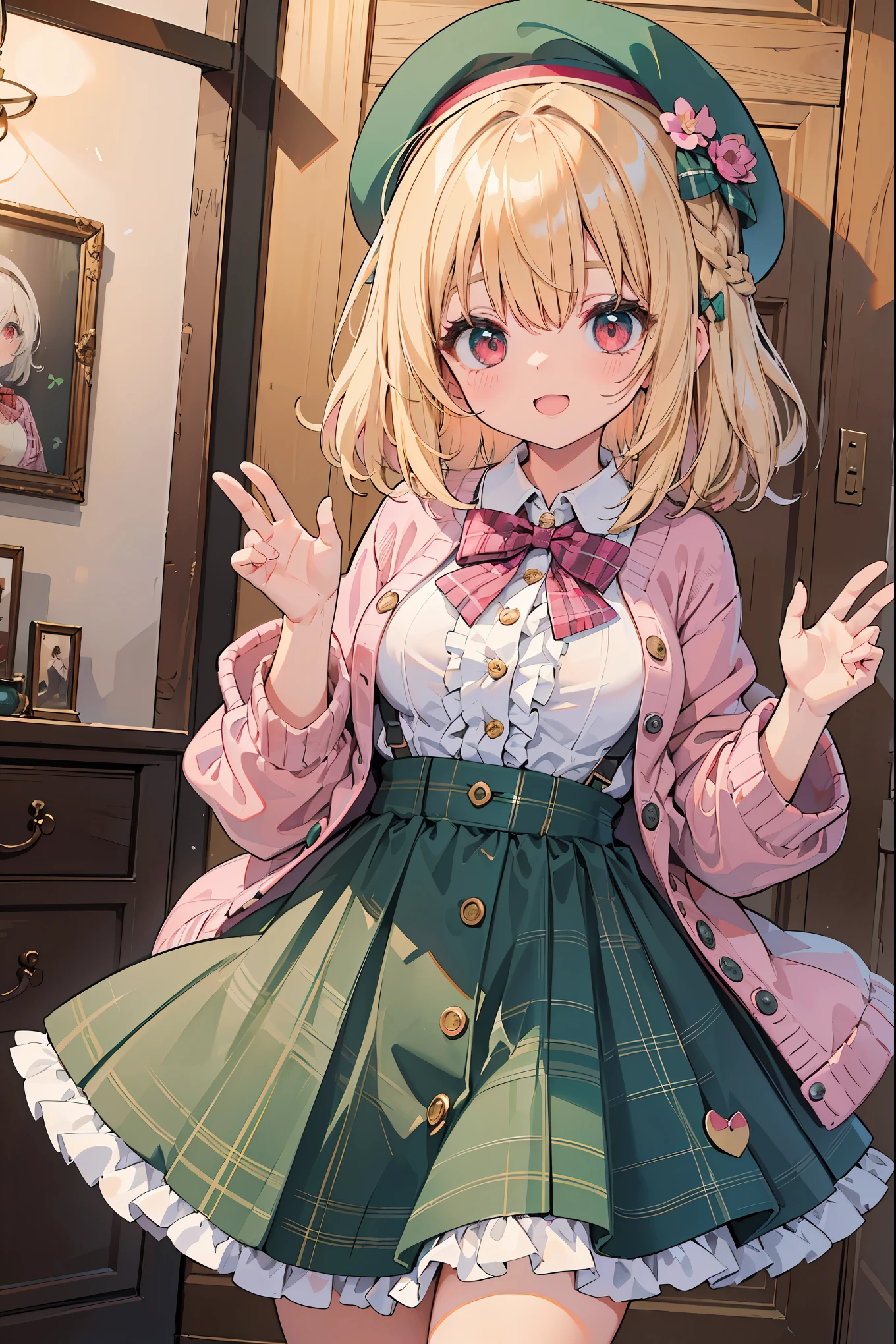 super insane detail、disorganized、ultra high resolution、super detail、highest quality、 1 girl、solo、nice hands、perfect hand-made (Vintage style beret with flower pin:1.3)、(pink&dark green plaid dress:1.5)、(Gold buttons on the front:1.2)、(frills、red bow tie、white blouse:1.4)、(peach cardigan、cable knit patterns:1.3)、(pinkタイツデニール20:1.1)、(mint green mary jane shoes:1.2) best smile、open your mouth、wave your mouth、 あざといcuteポーズ、cowboy shot、slender、Look straight ahead with shining eyes、cute、symmetrical face、超cute女の子、超cute顔、Ultra-fine eyes、super cute hair、超cute、Super beautiful、 stylish clothing design、Super famous world heritage museum、exhibition hall、Historic ancient museum、 big breasts、Soft and jiggling breasts、BREAK (medium hair、braid blonde、silky smooth hair、deep red eyes)、hair between eyes、Nape of neck