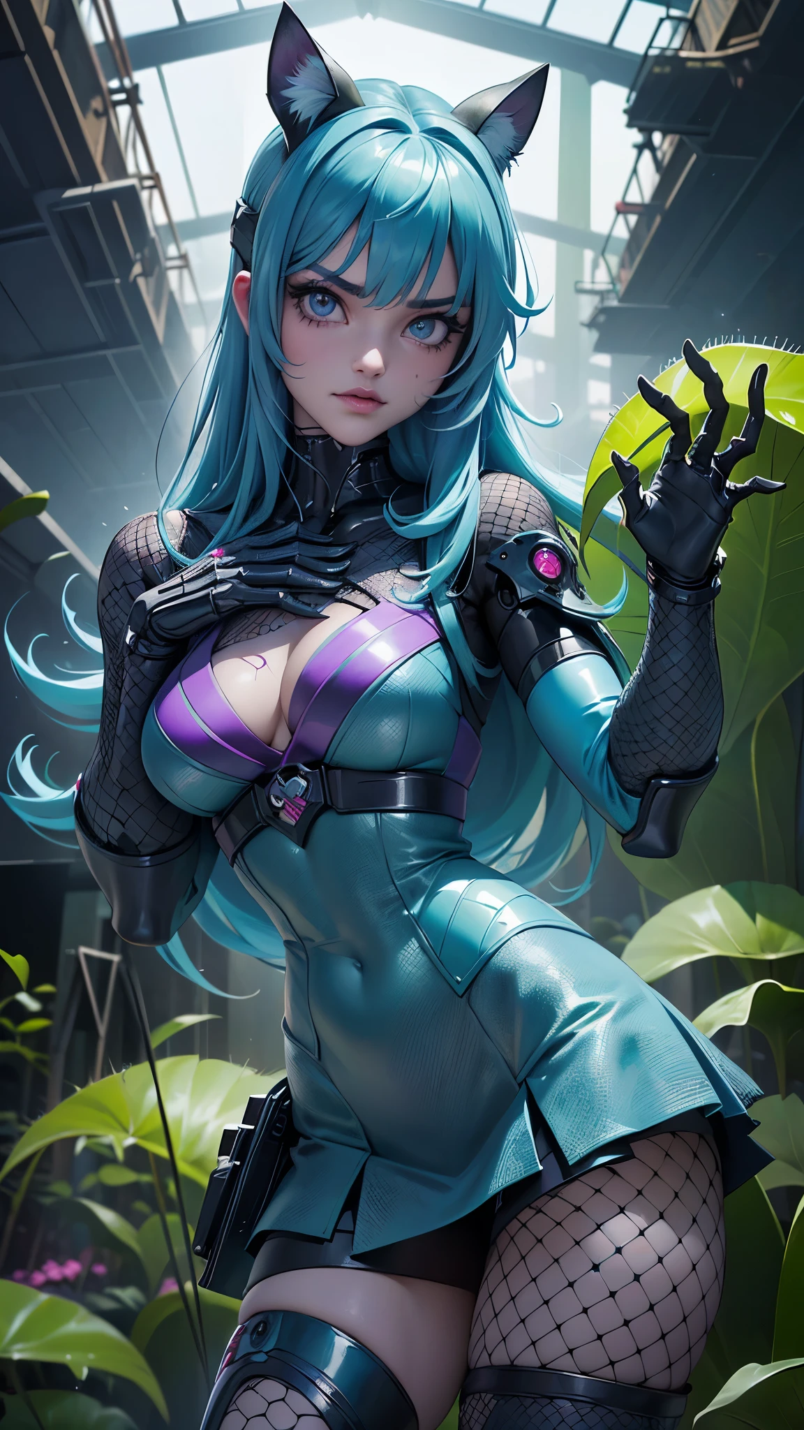 (La mejor calidad,A high resolution,Ultra - detallado,actual),Ariana Grande with miniskirt and neon top, (miniskirt violeta colegiala:1.4),(fondo aeropuerto abandonado ciberpunk ruinas:1.4), ,More detailed 8K.motor irreal:1.4,UHD,La mejor calidad:1.4, fotorrealista:1.4, textura de la piel:1.4, obra maestra:1.8,obra-prima, mejor calidad,objeto Objeto], (detailed face features:1.3),(Las proporciones correctas),(convexo Dedos detallados)，(fishnet medias:1.4),(Ojos hermosos amarillos), (pose vaquero:1.2),  (cabello largo azul neon:1.4),(background carnivorous plants climbing abandoned airport:1.4) ,(cyber samurai cyborg:1.4),(fondo large carnivorous wild plants:1.4),(Perfect anatomy) 
