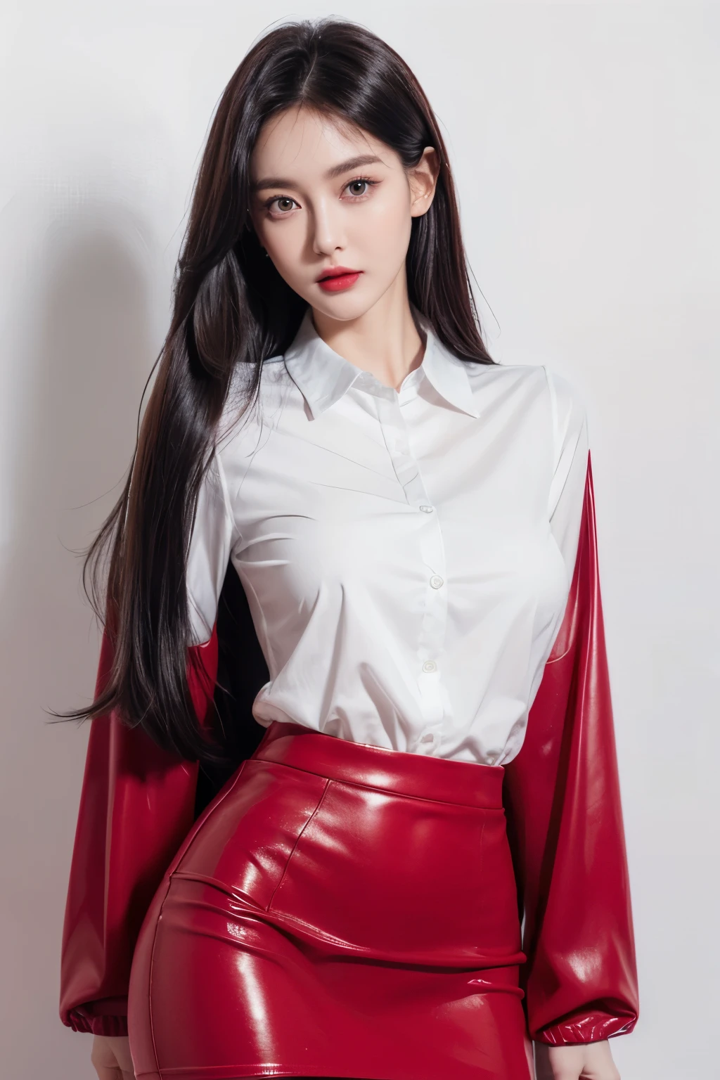 A slender woman, beautiful, amazing face and eyes, cosmetic, red glossy lips, (Extremely detailed beautiful face), (The sexiest look), (White collared shirt), (best quality), (Super detailed), (Extremely detailed CG unified 8k wallpaper),original photo, Professional photography, (standing), (pure white background),(Model pose),(black hair),(Black tight skirt),(big eyes),(Soft light source)