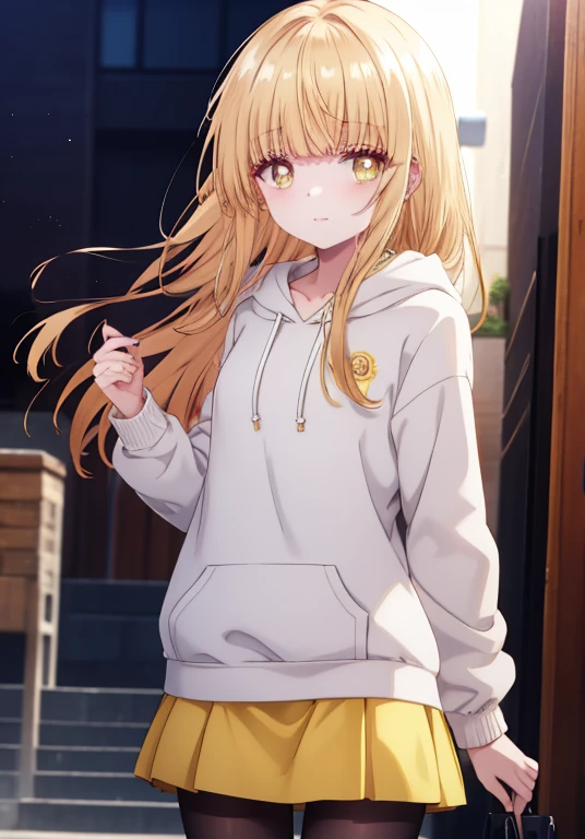Mahirusha, Mahiru Shiina, bangs, blonde hair, brown hair, (yellow eyes:1.3), smile, Cat Ear Food Hoodie,mini skirt,Black pantyhose,ショートブーツbreak outdoor,In town,歩いてる
break looking at viewer, (cowboy shot:1.5),
break (masterpiece:1.2), highest quality, High resolution, unity 8k wallpaper, (figure:0.8), (beautiful and fine eyes:1.6), highly detailed face, perfect lighting, Very detailed CG, (perfect hands, perfect anatomy),