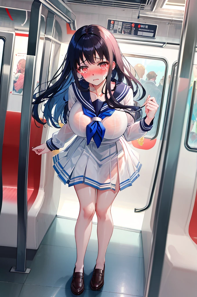 One Naked Girl、sitting on the train、Only one person is naked、Light blue hair、blue eyes、Nipples、Have dead eyes、Blushing、Feeling embarrassed、Looking down、A little big chest、Wearing a sailor uniform、Wearing green panties、Low rise panties、Daytime view