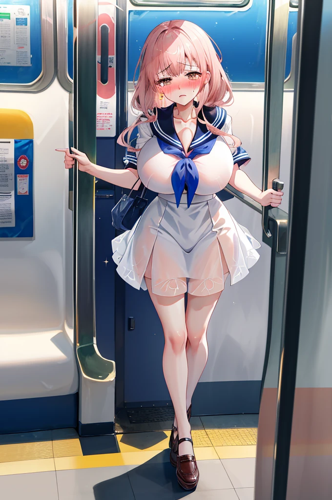 A woman with big ,Gorgeous MILF,clavicle,Sailor suit,translucent,exquisite,Intricate details,(blush:1.2),shed tears,Fear,full-body shot,A subway with lots of people coming and going,