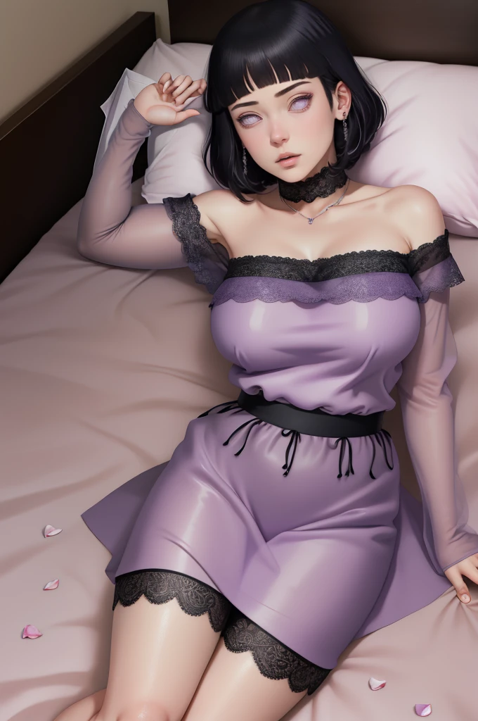 { - ??????? error} (Masterpiece - Ultra-detailed, very high resolution) (huge titusty, masterpiece, absurdres, hinata\(boruto\), 1girl, solo,mature female, off-shoulder bra, high waist  black short skirt, looking at viewelling petals), perfect composition, detailed lips, big breast, beautiful face, body propotion, blush, (pink lips), short hair, (black hair), purple eyes, soft gaze, super realistic, detailed, photoshoot, realistic face and body, closed mouth, laying on the bed , lilac eyes, full body, lace clothes,  with chin resting on shoulder, perfect fingers