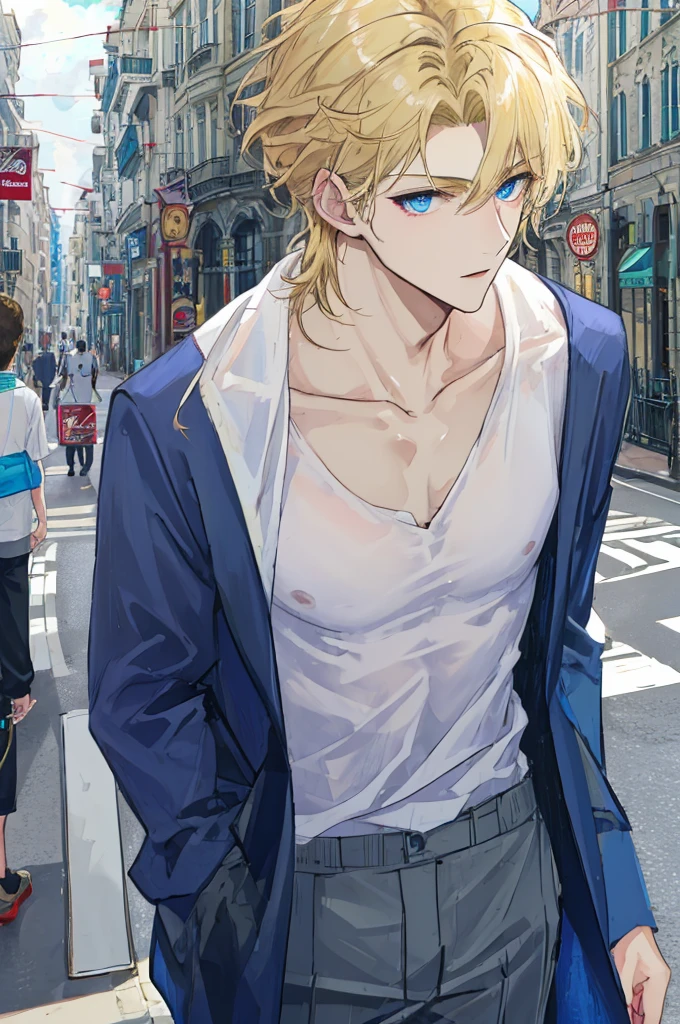 a handsome man,adult,blond,blue eyes,clavicle,Transparent top,long trousers,(Very detailed background,street),