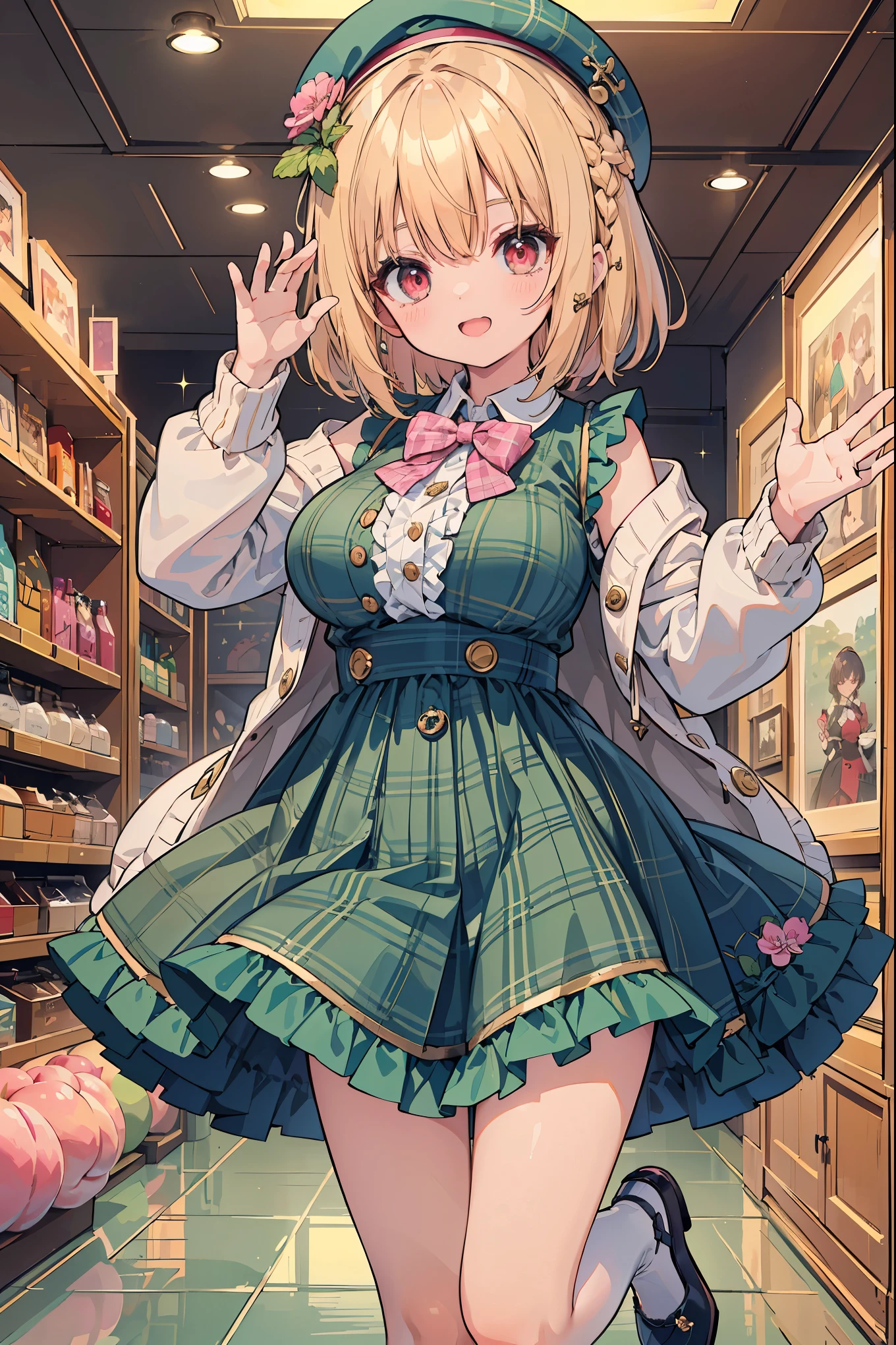 super insane detail、disorganized、ultra high resolution、super detail、highest quality、 1 girl、solo、nice hands、perfect hand-made (Vintage style beret with flower pin:1.3)、(pink&dark green plaid dress:1.5)、(Gold buttons on the front:1.2)、(frills、red bow tie、white blouse:1.4)、(peach cardigan、cable knit patterns:1.3)、(pinkタイツデニール２０:1.1)、(mint green mary jane shoes:1.2) best smile、open your mouth、wave your mouth、 あざといcuteポーズ、cowboy shot、slender、Look straight ahead with shining eyes、cute、symmetrical face、超cute女の子、超cute顔、Ultra-fine eyes、super cute hair、超cute、Super beautiful、 stylish clothing design、Super famous world heritage museum、exhibition hall、Historic ancient museum、 big breasts、Soft and jiggling breasts、ＢＲＥＡＫ　(medium hair、braid blonde、silky smooth hair、deep red eyes)、hair between eyes、Nape of neck