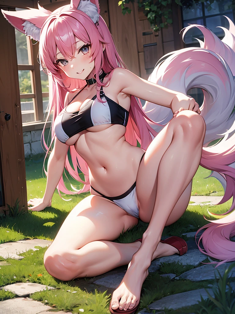 Happy woman, with wolf ears and pink hair, holding her cheeks, wolf tail, wearing a bikini, looking at veiwer, full body