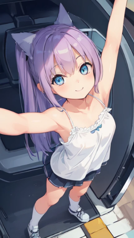 (ultra_detailed:1.4), (extreme_quality:1.4), ultra_highres, little_girl, smile, camisole, (large_eyes), from_above, POV, ((stretch_arm)),  keen_socks, theme_park