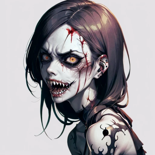 An image of a zombie witch with a creepy face, angry, wide numb eyes, scary open mouth, big sharp teeth with dripping blood and an occult tattoo on the neck, inspired by Junji Ito, junji ito style, art style of junji ito, in style of junji ito, ito junji art, style of junji ito, subtle junji ito, kaethe butcher, inspired by Hannah Frank, fleshy - cyborg - zombie