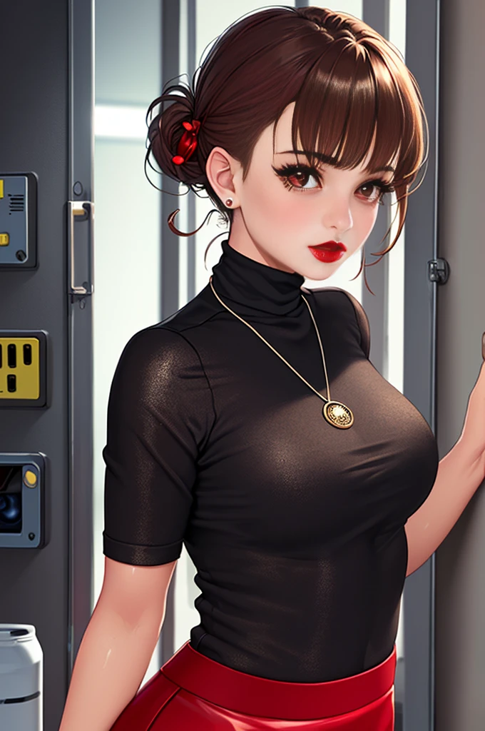 master piece,Best Quality,highest quality,Ultra-detailed,ultra high resolution,extremely detailed CG unity 8k wallpaper,Illustration,Detailed skin,Shiny skin,Realistic,Beautiful detailed eyes,luscious eyes,striking eyes,Perfect Anatomy, gleaming skin,oily skin,1girl in,Solo,(((upper body))),(((half updo,red lips)), secretary, business jacket ,turtleneck,tight neck shirt,tight skirt,pumps,stockings,high heel,earrings,necklace,red lips,{{{{voyeurism, peeking}}}}, {{{{{{peephole}}}}}}, 1 boy, {{boy looks at girl through peephole}}, {{iPhone, smartphone screen, camera app frame}}, viewfinder,(((surveillance camera footage))),(((1girl appears on screen))),(((recording))),(((1girl are being photographed,voyeurism,peeping))),dark brown hair,
