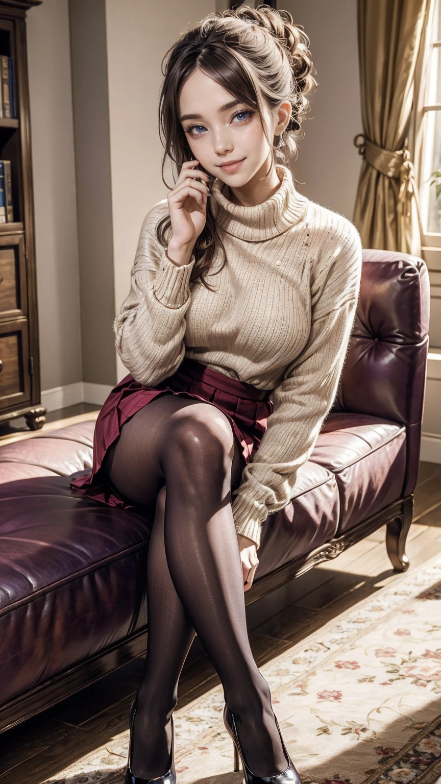 highest quality、masterpiece、ultra high resolution、24 year old white female、Hair color is brunette and purple gradation color、blue eyes、long hair、my hair is wavy、hair up style、smile、Slender but well-proportioned feminine body、wearing red nail polish、Wearing a high-neck sweater、wearing a pleated skirt、wearing pantyhose、wearing high heels、smile、I'm in a luxuriously decorated living room、Sitting on the couch、Pulling perspective
