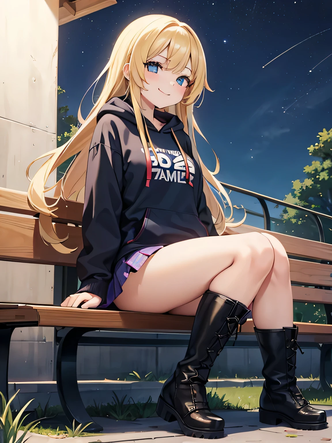 (1) A woman is sitting cross-legged on a bench.
(2) She's a gal, Baby-faced but with heavy makeup. she has long blonde hair.
(3) The woman is wearing a brightly colored hoodie, Mini skirt and platform long boots.
(Four) The woman's expression is a smile.
(5) Place on a park bench at night.