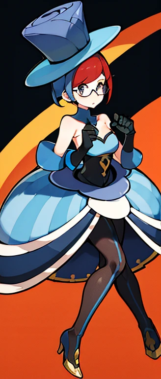 (masterpiece, absurdres, :1.2), 1girl, solo, cell shading, best quality, extreme detail, full-body image, perfect face, penny, thick thighs, EYELASHES,MIDDLE PART,TOP HAT,DRESS,BLACK GLOVES,ELBOW GLOVES,BLACK PANTYHOSE,HIGH HEELS, penny