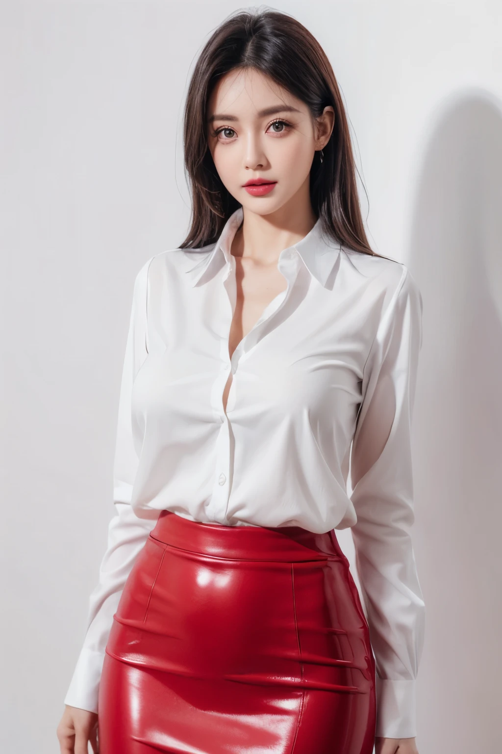 a woman, beautiful, amazing face and eyes, cosmetic, red glossy lips, (Extremely detailed beautiful face), (The sexiest look), (White collared shirt), (best quality), (Super detailed), (Extremely detailed CG unified 8k wallpaper),original photo, Professional photography, (standing), (pure white background),(Model pose),(black hair),(Black tight skirt),(big eyes),(Soft light source),(cleavage)