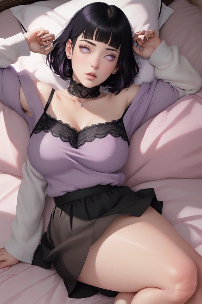 { - anatomy error} (Masterpiece - Ultra-detailed, very high resolution) (huge titusty, masterpiece, absurdres, hinata\(boruto\), 1girl, solo,mature female, off-shoulder bra, high waist black short skirt, looking at viewelling petals), perfect composition, detailed lips, big breast, beautiful face, body propotion, blush, (pink lips), short hair, (black hair), purple eyes, soft gaze, super realistic, detailed, photoshoot, realistic face and body, closed mouth, laying on the bed , lilac eyes, full body, lace clothes, perfect fingers ( perfect fingers)