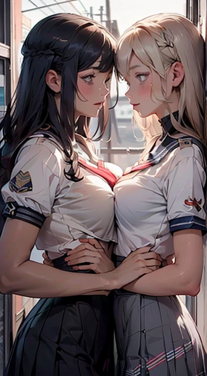 super fine illustration,masterpiece,best quality,ultra detailed,2girls,yuri,look at each other,eye contact,(sheer sailor school uniform:1.4),short sleeves,(covered nipples:1.1),breasts press against breasts,large breasts,medium hair,blush,shy,(super beatiful detailed big eyes:1.3),(beautiful gray eyes), (looking at camera :1.2)