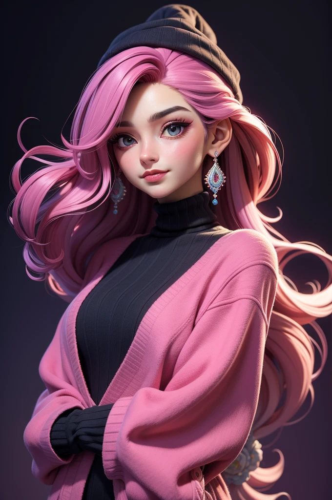 estilo 3dmm,(obra de arte, maximum quality, melhor qualidade, arte oficial, Lindo and aesthetic:1.2), (arte fractal:1.3), 1 garota, Lindo, altamente detalhado, cabelo roxo com um toque de rosa, olhos rosa, dark lighting, serious guy, looking the sky, sky, medium shot, black sweater, joia