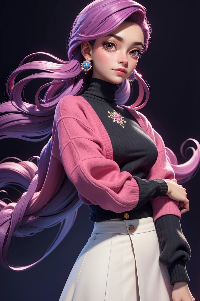 estilo 3dmm,(obra de arte, maximum quality, melhor qualidade, arte oficial, Lindo and aesthetic:1.2), (arte fractal:1.3), 1 garota, Lindo, altamente detalhado, cabelo roxo com um toque de rosa, olhos rosa, dark lighting, serious guy, looking the sky, sky, medium shot, black sweater, joia