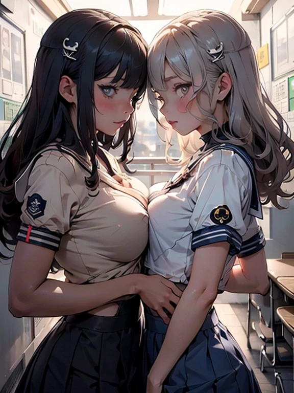 super fine illustration,masterpiece,best quality,ultra detailed,2girls,yuri,look at each other,eye contact,(sheer sailor school uniform:1.4),short sleeves,(covered nipples:1.1),breasts press against breasts,large breasts,medium hair,blush,shy,（super beatiful detailed big eyes：1.3）,(beautiful gray eyes), (looking at camera :1.2)