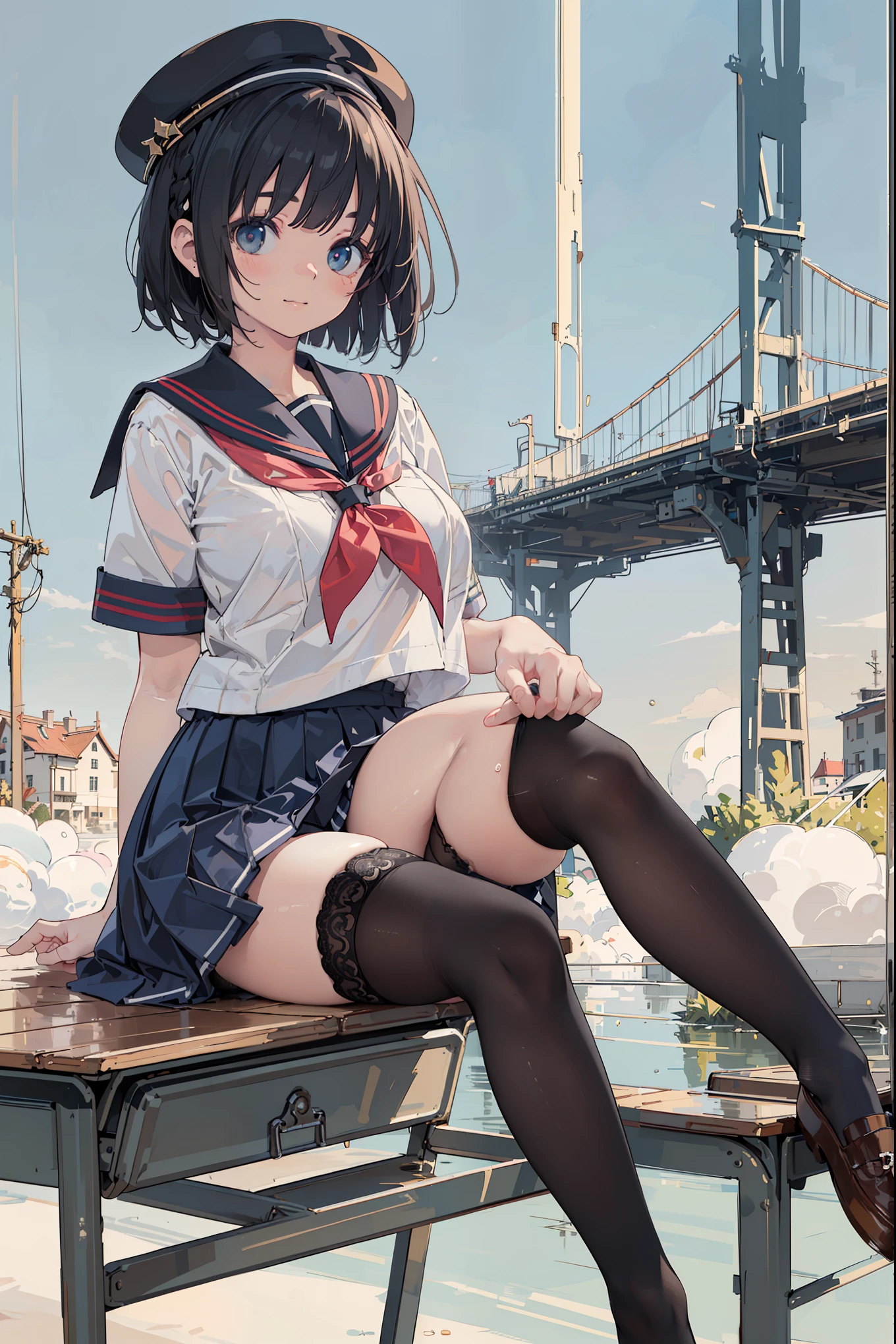 ((Masterpiece: 1.3)), ((Absolute Resolution: 1.2)), ((Highest Quality: 1.4))), ultra-detailed, super-detailed face, complex and detailed eyes, one girl, slick nasal bridge, detailed mouth, meticulous and cute smiling expression, realistic bumps on human body, silky smooth hair texture, (excited face and humiliated, (( realistic skin)), ((stylish and cute designed school uniform: 1.6, black stockings:1.4)), ribbons, hat, ruffles, lace, girl with one-length bob-cut braids, adornments of cute design appropriate for her age, (sitting pose with legs spread left and right and hips floating: 1.3), Innocent hand motions, (white skin:1.3), softly swaying breasts filled with large amounts of fat, cinematic lighting, perfect shading, (((cute nursery))), shaded realistic lighting, Reflecting the whole body