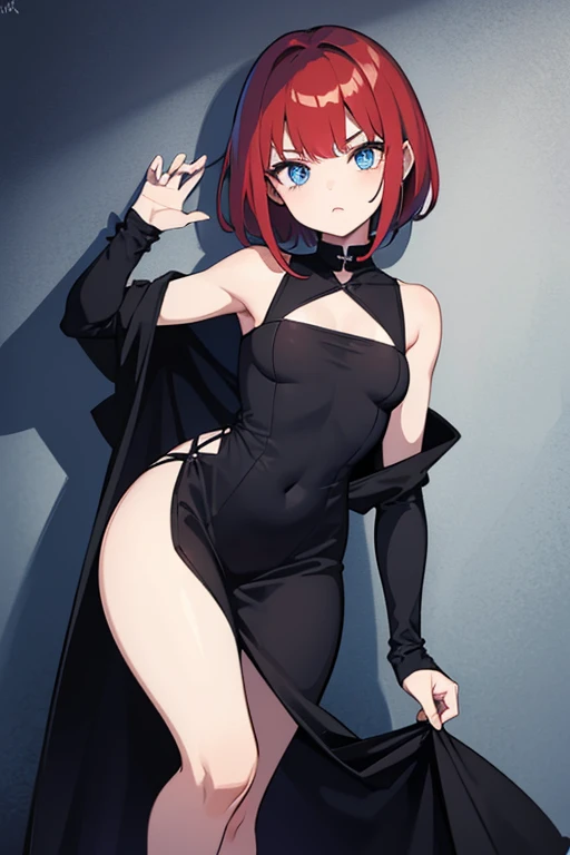 An , pale-skinned and very thin, she has short red hair and big blue eyes. She wears only an oversized black dress and is in a dungeon.