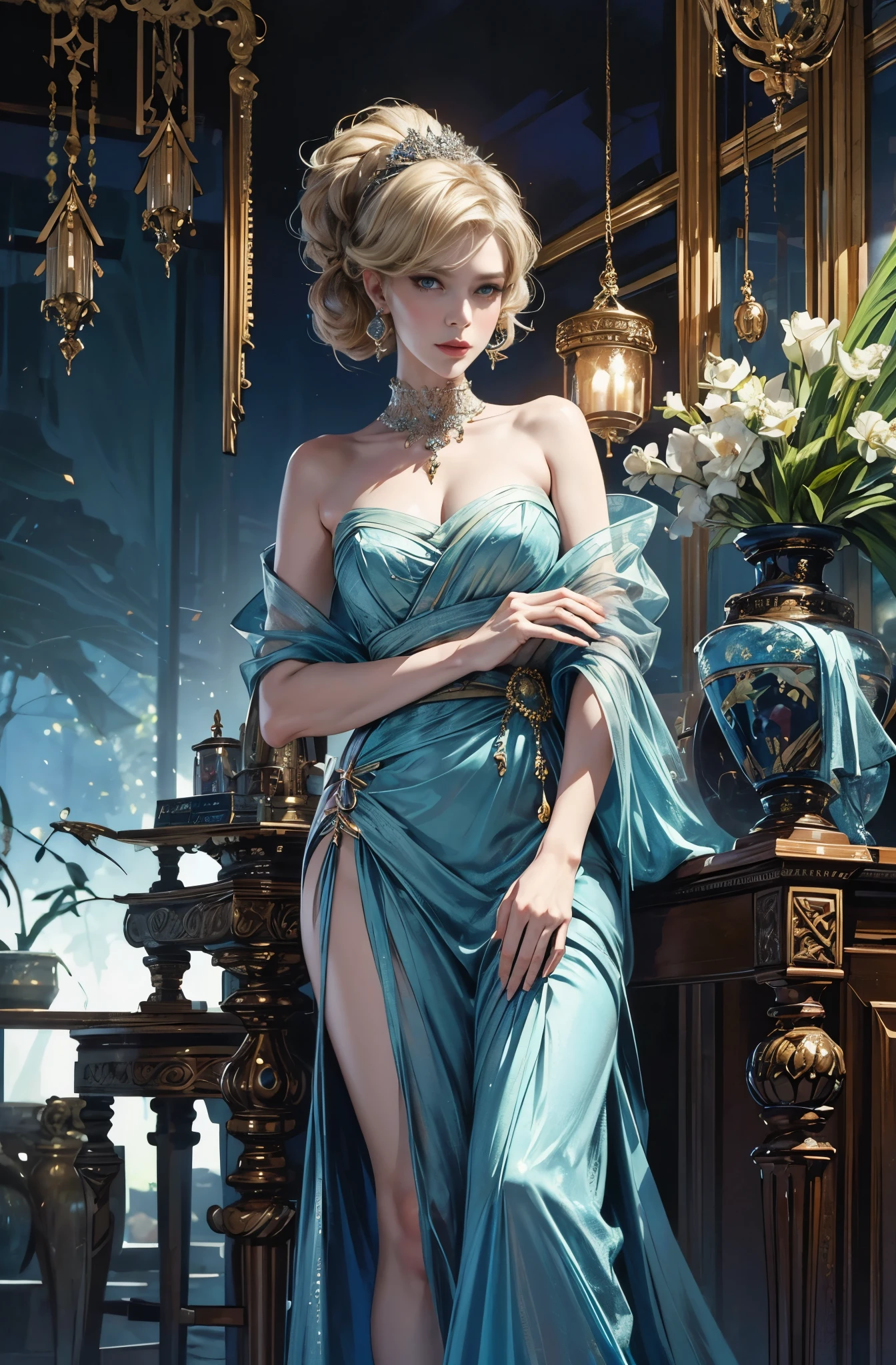 A beautiful young woman standing elegantly, Delphine Seyrig, gorgeous, refinement, perfect tall model body, inspired by Fenghua Zhong, wallop style, Style Ivan Talavera and Artgerm, wallop and art germ, art germ style, inspired by Vincent Lefevre, Gwaites style artwork, artgerm and wlop, figurative art, Beautiful and expressive paintings, Beautiful artwork illustration, wonderful, cool beauty, highest quality, official art, perfect composition, perfect angle, best shot, female solo, sharp outline, melancholy, nostalgia, romantic, Eyes without pupils, color eye, ideal anima, unforgettable woman, monologue, The present blends with the past, 1960s Paris