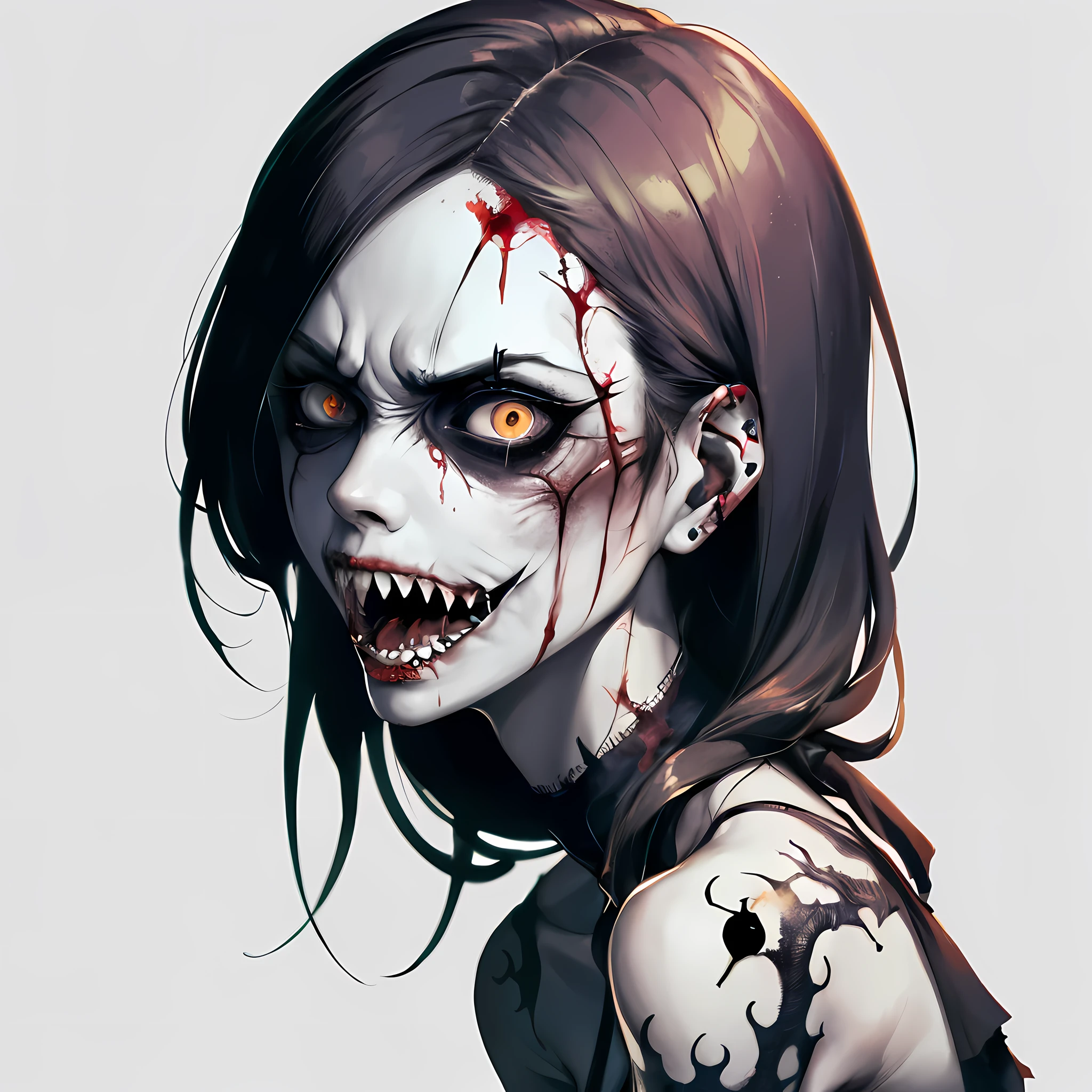 An image of a zombie witch with a creepy face, angry, wide numb eyes, scary open mouth, big sharp teeth with dripping blood and an occult tattoo on the neck, inspired by Junji Ito, junji ito style, art style of junji ito, in style of junji ito, ito junji art, style of junji ito, subtle junji ito, kaethe butcher, inspired by Hannah Frank, fleshy - cyborg - zombie