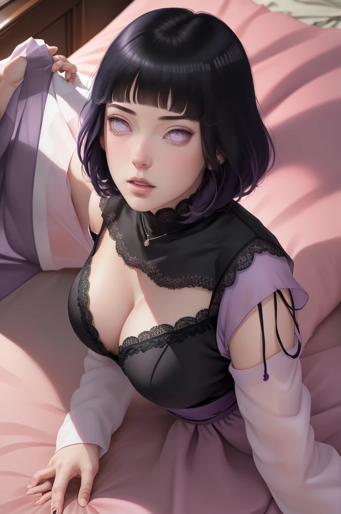 { - anatomy error} (Masterpiece - Ultra-detailed, very high resolution) (huge titusty, masterpiece, absurdres, hinata\(boruto\), 1girl, solo,mature female, off-shoulder bra, high waist black short  skirt, looking at viewelling petals), perfect composition, detailed lips, big breast, beautiful face, body propotion, blush, (pink lips), short hair, (black hair), purple eyes, soft gaze, super realistic, detailed, photoshoot, realistic face and body, closed mouth, laying on the bed , lilac eyes, full body, lace clothes, perfect fingers (perfect fingers)