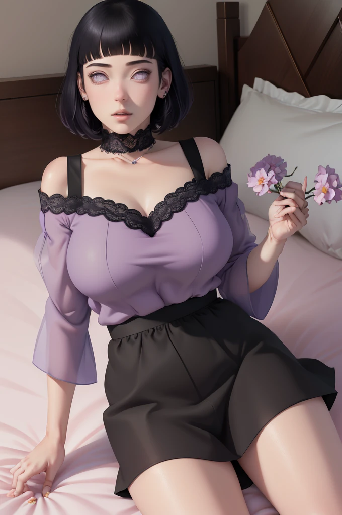 { - anatomy error} (Masterpiece - Ultra-detailed, very high resolution) (huge titusty, masterpiece, absurdres, hinata\(boruto\), 1girl, solo,mature female, off-shoulder bra, high waist black short  skirt, looking at viewelling petals), perfect composition, detailed lips, big breast, beautiful face, body propotion, blush, (pink lips), short hair, (black hair), purple eyes, soft gaze, super realistic, detailed, photoshoot, realistic face and body, closed mouth, laying on the bed , lilac eyes, full body, lace clothes, perfect fingers (perfect fingers)