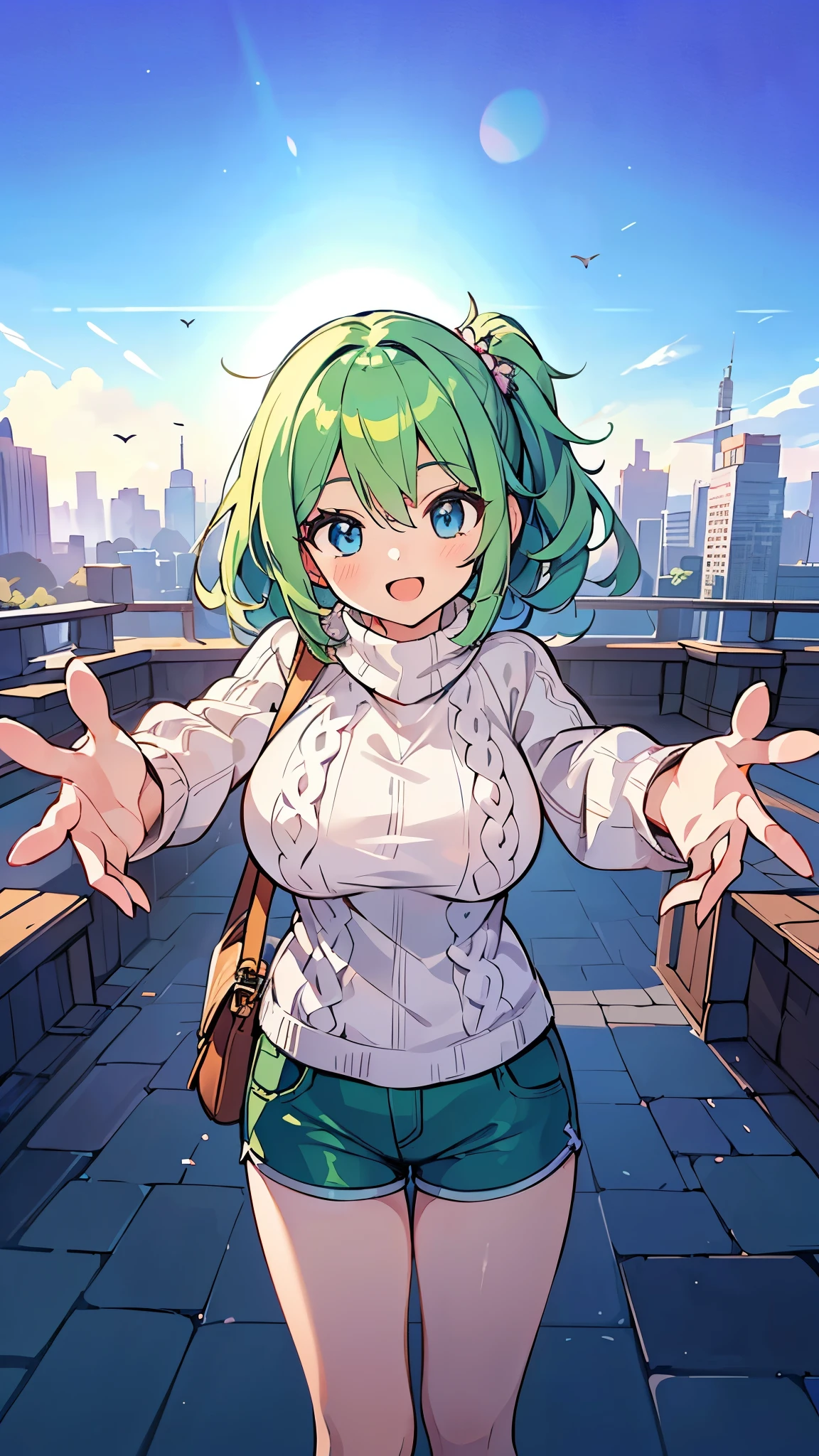 ((A Pretty girl with green hair and blue eyes)), ((Wearing knit sweater and hot pants)), Baby face, ((master piece, top-quality, ultra-definition, high resolution)), anime girl, ((ultra-detailed illust:1.2)), only one person, bangs, hair between eye, beautiful hair, Shiny eyes, Medium breasts, Big smile, opened mouth, cityscape